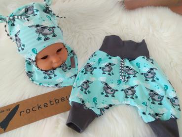 3- teiliges Set aus Pumphose, Mütze und Tuch "Esel" Gr. 56