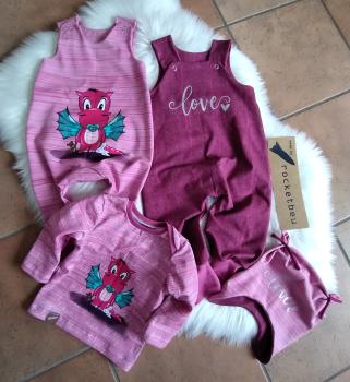 4-teiliges Set aus Latzhose, Strampler, Langarmshirt und Ohrenmütze "Drache" Gr. 74